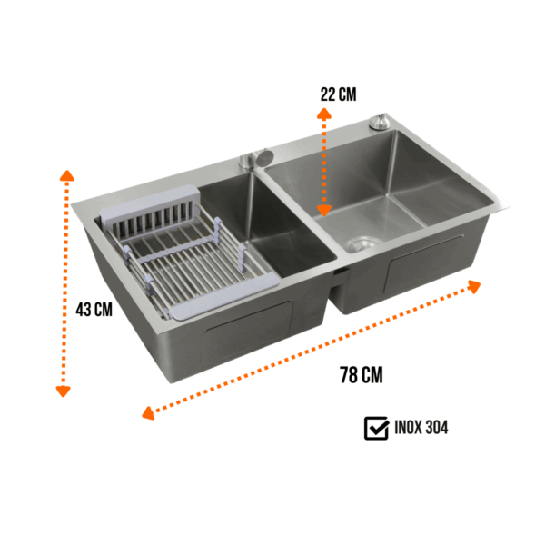 Cuba dupla quadrada cozinha gourmet em aço 304 nano silver - 7843S